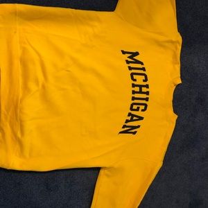 yellow sweatshirt with Michigan in blue